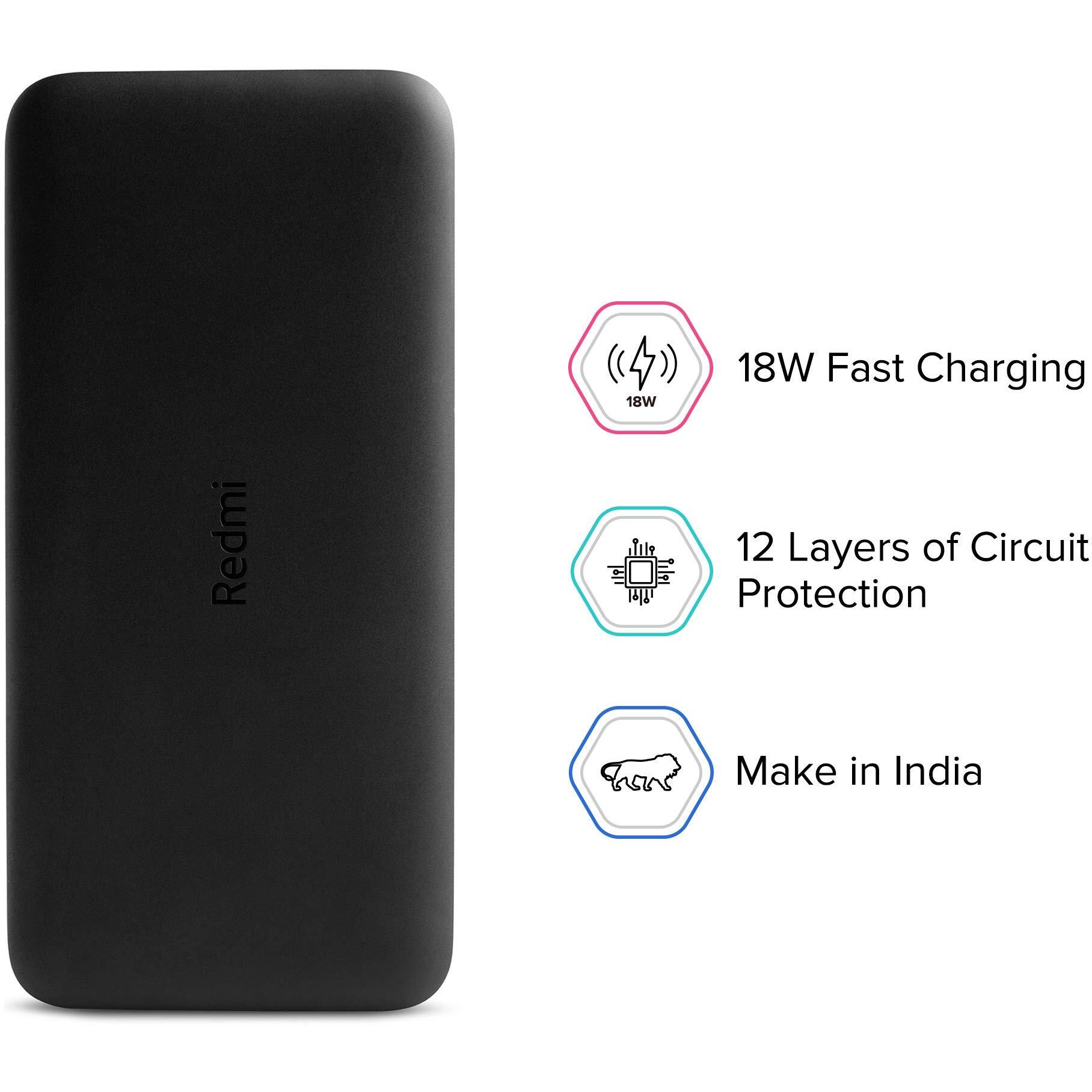 Redmi 20000mAh Li-Polymer Power Bank, USB Type C and Micro USB Ports, 18W Fast Charging, Low Power Mode, Black