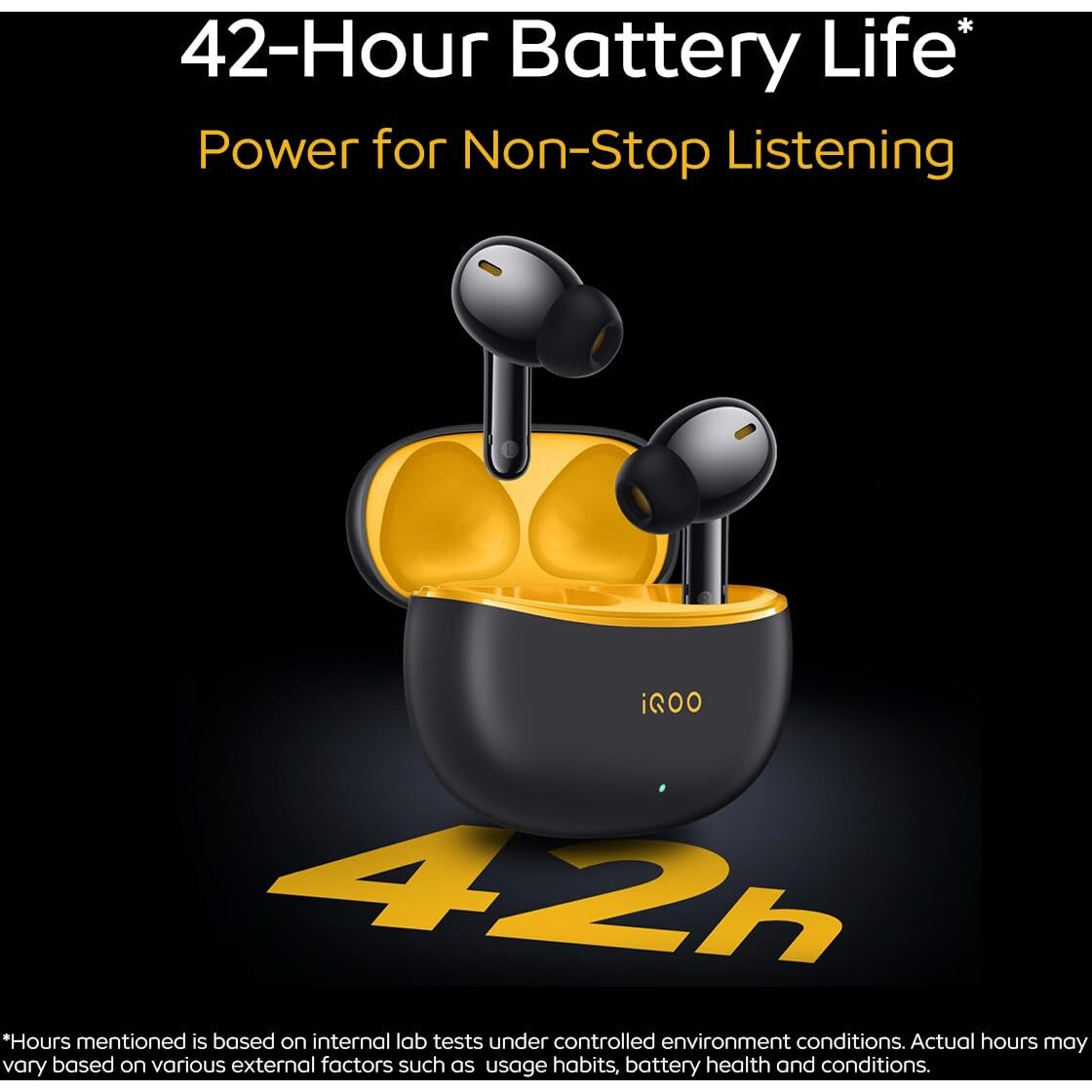 iQOO TWS 1e in-Ear Earbuds with Mic, Upto 30dB Active Noise Cancellation, Fast Charging which Takes 10 mins for 3 Hours Playtime, with Upto 42 hrs Playback time (Flame Yellow)