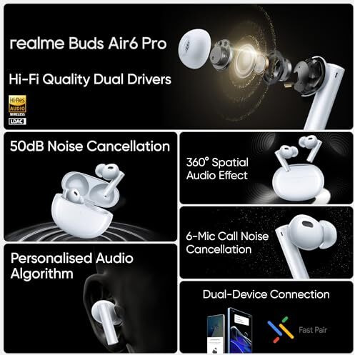 realme in Ear Buds Air 6 Pro with Dual Drivers(11Mm+6Mmtweeter),40 Hours Play Time,Fast Charge,50 Db ANC,Lhdc 5.0,55Ms Low Latency,360 Spatial Audio,Ip55 Dust&Water Resistant,Bt V5.3(Silver Blue)