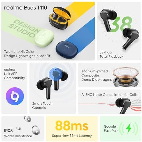 realme Buds T110 Bluetooth Truly Wireless in Ear Earbuds with mic, AI ENC for Calls, Google Fast Pair, 38 Hours Total Playback with Fast Charging and Low Latency Gaming Mode (Punk Black)
