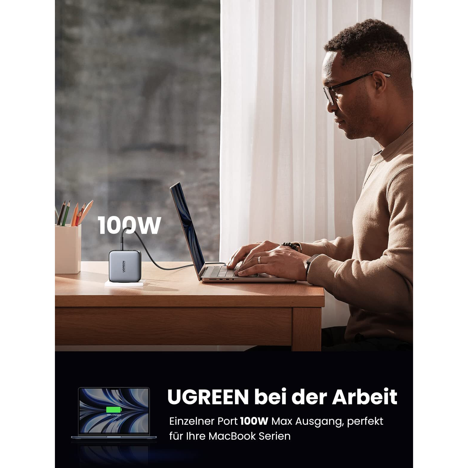 Ugreen USB C Charger 100W 4-Port 3C1A Gan Fast Pd Charger Indian Plug for Cellular Phones, Tablets, Laptops - Black