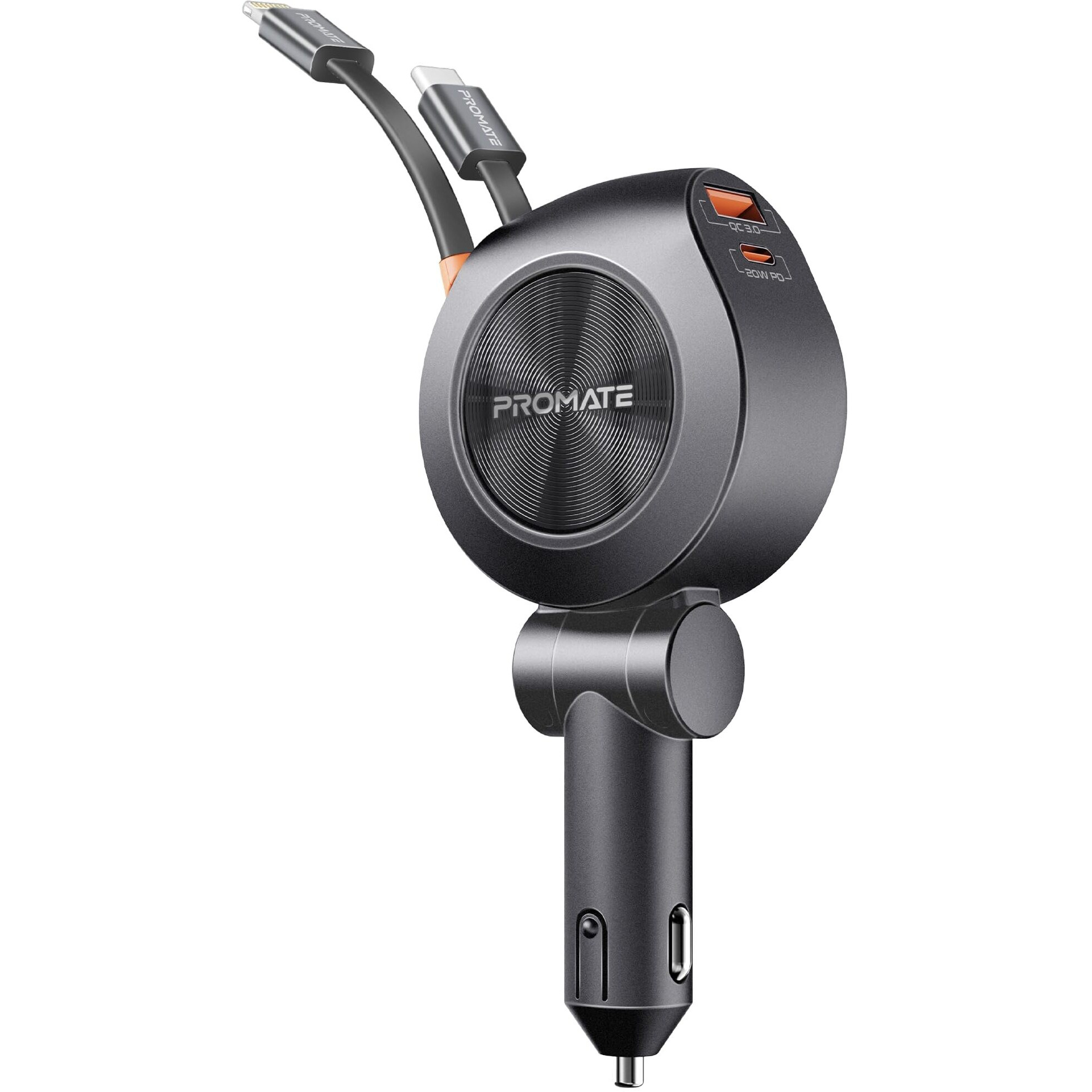 Promate Multi-Port Car Charger with Retractable PD30W USB-C and PD20W Lightning Cables, 20W USB-C, 18W Quick Charge Ports, Heat Resistance, Surge Protection, 180 Rotatable Body Design DriveGear-R2