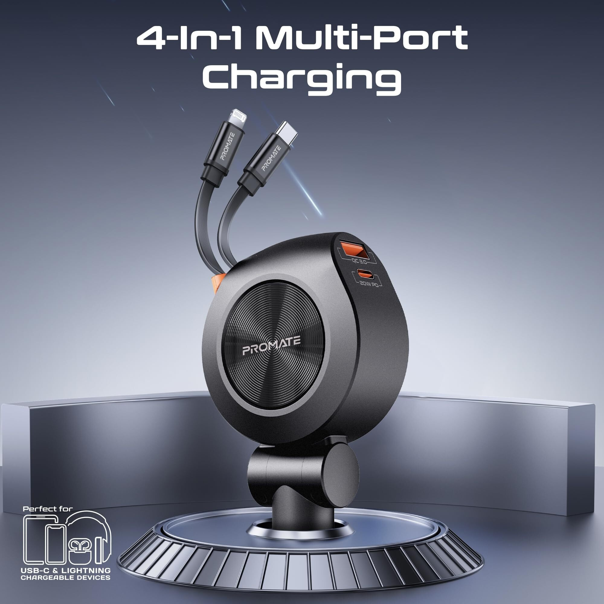 Promate Multi-Port Car Charger with Retractable PD30W USB-C and PD20W Lightning Cables, 20W USB-C, 18W Quick Charge Ports, Heat Resistance, Surge Protection, 180 Rotatable Body Design DriveGear-R2
