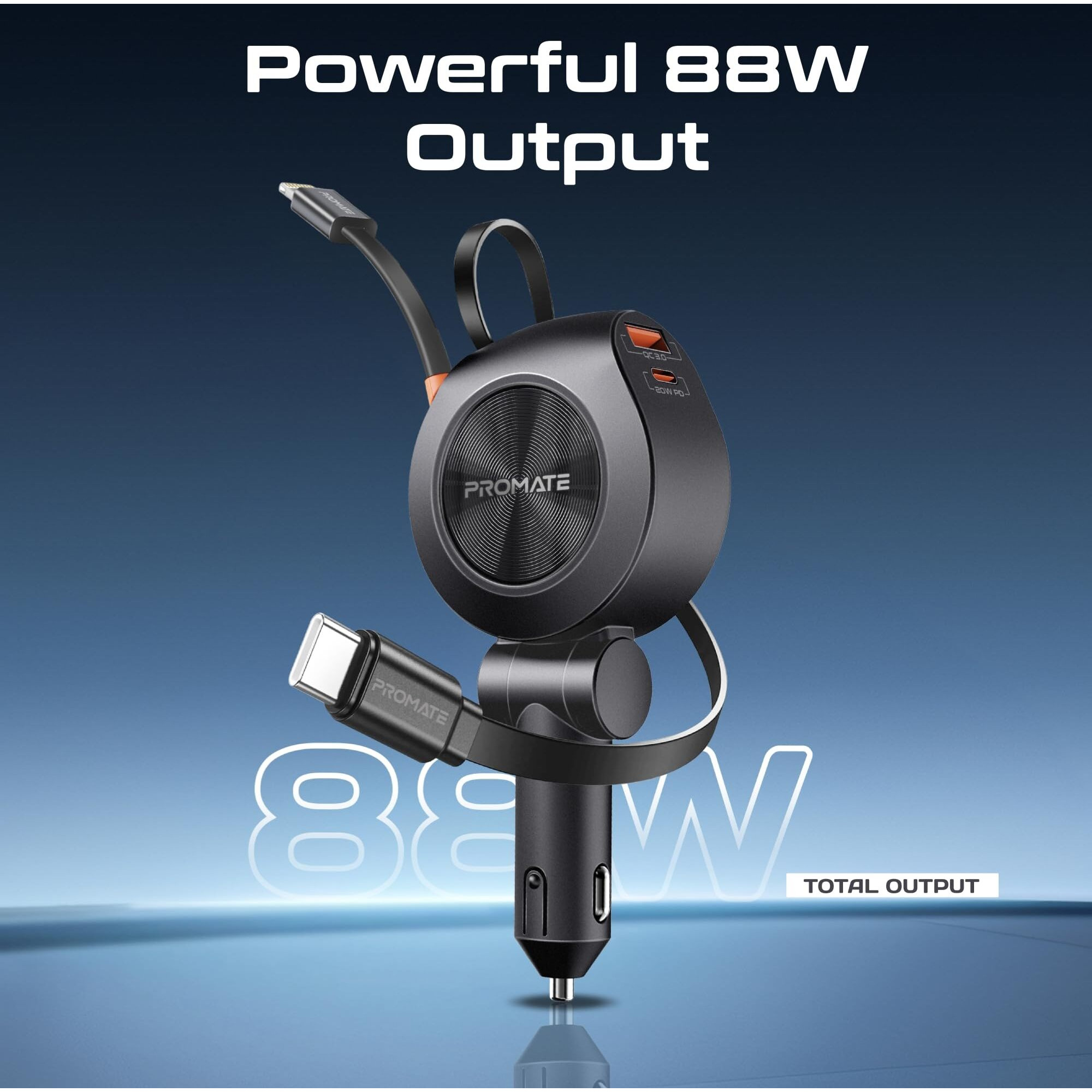 Promate Multi-Port Car Charger with Retractable PD30W USB-C and PD20W Lightning Cables, 20W USB-C, 18W Quick Charge Ports, Heat Resistance, Surge Protection, 180 Rotatable Body Design DriveGear-R2