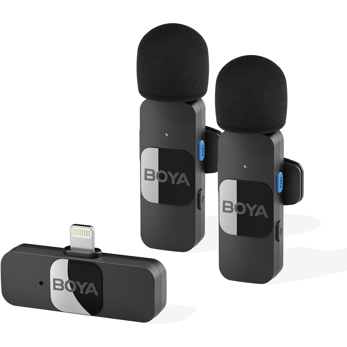 Boya by-V2 2.4 ghz Omnidirectional Wireless Microphone System with 2 Transmitters & a Receiver for iOS Devices. MFI Certified. for Social Media, YouTube Content with Rechargeable Battery. 50m Range.