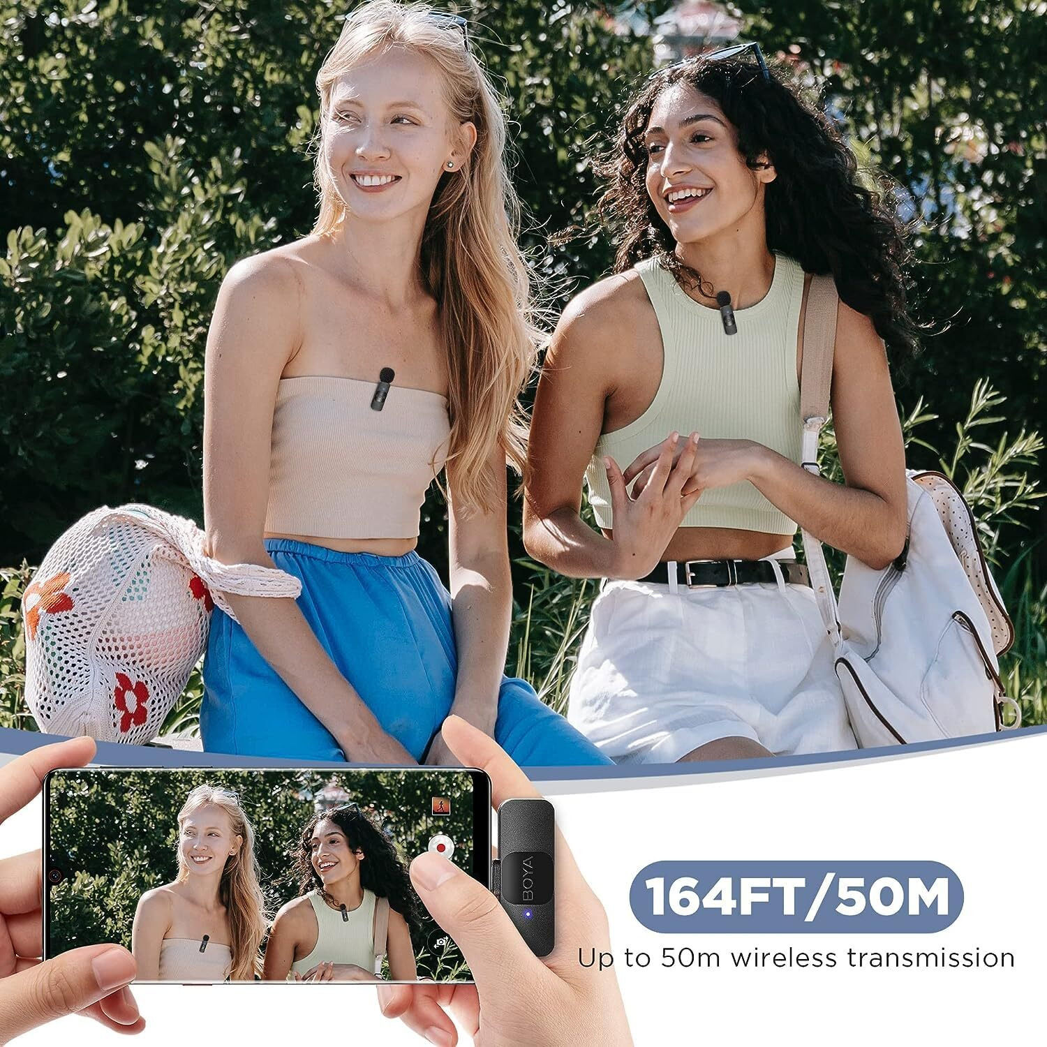 Boya BY-V20 2.4 ghz Omnidirectional Wireless Microphone System with 2 Transmitters & a Receiver for Android/Type-C Devices. 50m Range. for Vlog, Social Media, YouTube Content & Rechargeable Battery.