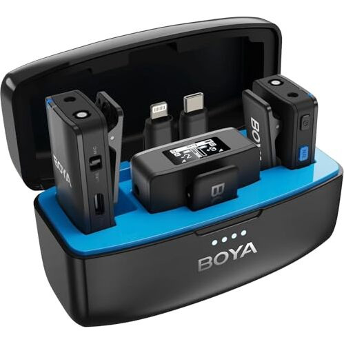 BOYAMIC Wireless Lavalier Mic with MFi Certified Lightning & USB-C, Onboard Recording, built-in 8GB memory, APP control, Active Noise Cancellation, OLED display, 300M/984ft. Range, 50H Battery Life.