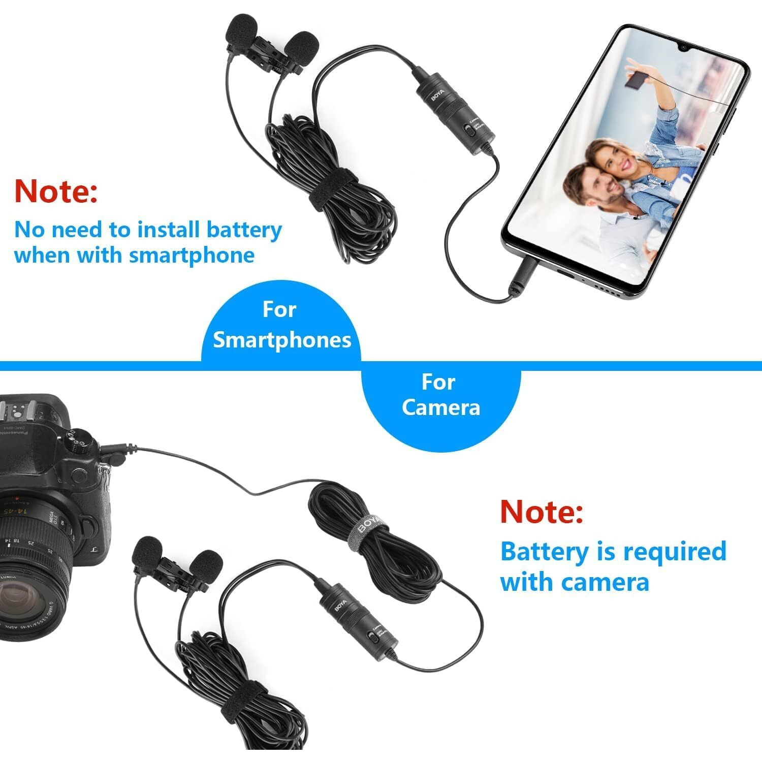 Boya By-M1Dm Dual Lavalier Universal Auxiliary Microphone With A Single 1/8 Stereo Connector For Smartphones Dslr Cameras Camcorders, Black, For Action Cameras With Cleaning Cloth(Gopro, Sjcam)