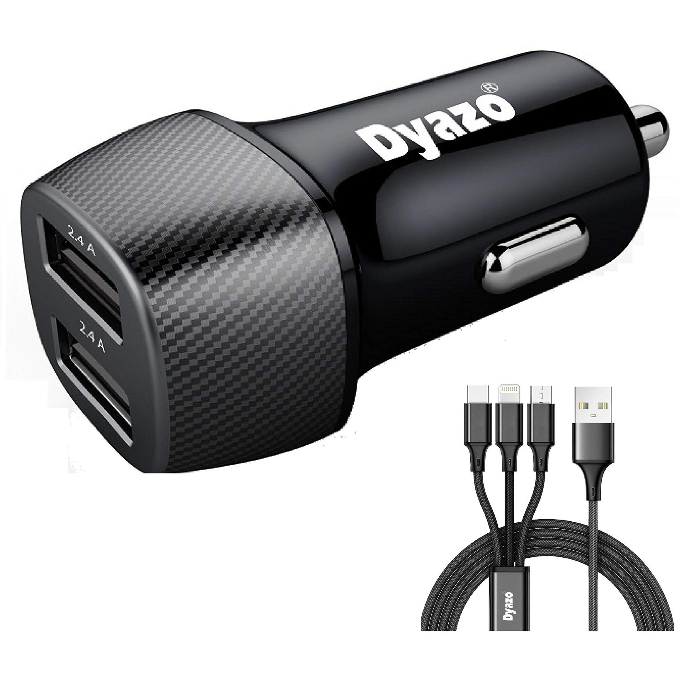 Dyazo 4.8 Amp (2.4 & 2.4 Amp) Dual Port Fast USB Car Charger Compatible W/iPhone Xr/Xs/Max/X/8/7/Plus,Ipad Pro/Air 2/Mini,Galaxy,Lg,HTC & All Other Cellular Phones W/Free 3In1 Cable-Carbon Black