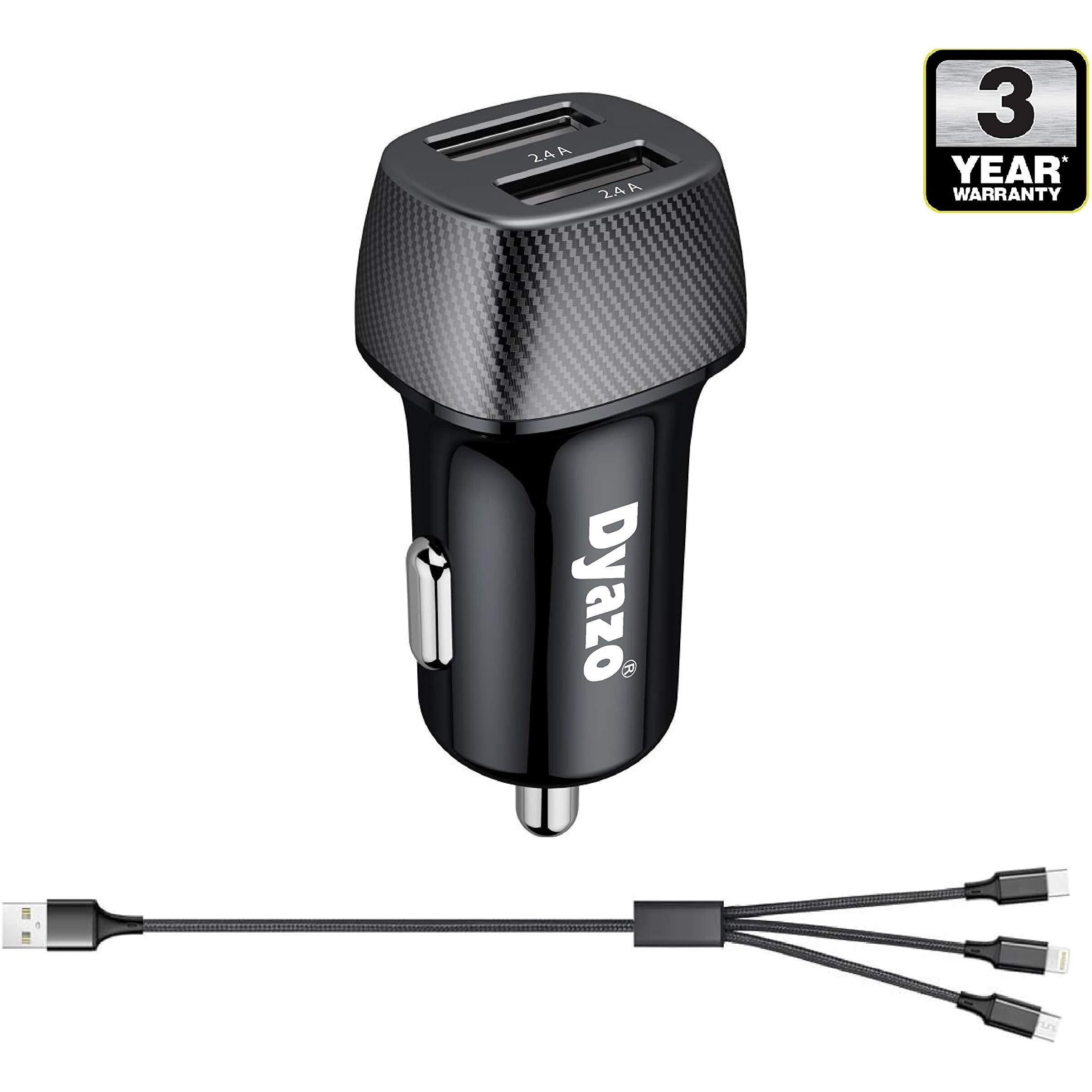 Dyazo 4.8 Amp (2.4 & 2.4 Amp) Dual Port Fast USB Car Charger Compatible W/iPhone Xr/Xs/Max/X/8/7/Plus,Ipad Pro/Air 2/Mini,Galaxy,Lg,HTC & All Other Cellular Phones W/Free 3In1 Cable-Carbon Black