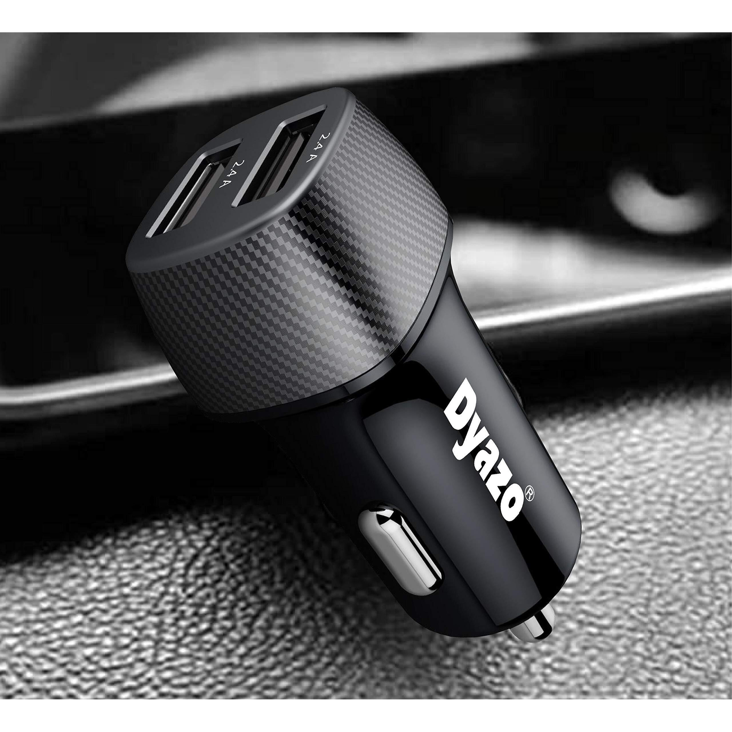 Dyazo 4.8 Amp (2.4 & 2.4 Amp) Dual Port Fast USB Car Charger Compatible W/iPhone Xr/Xs/Max/X/8/7/Plus,Ipad Pro/Air 2/Mini,Galaxy,Lg,HTC & All Other Cellular Phones W/Free 3In1 Cable-Carbon Black