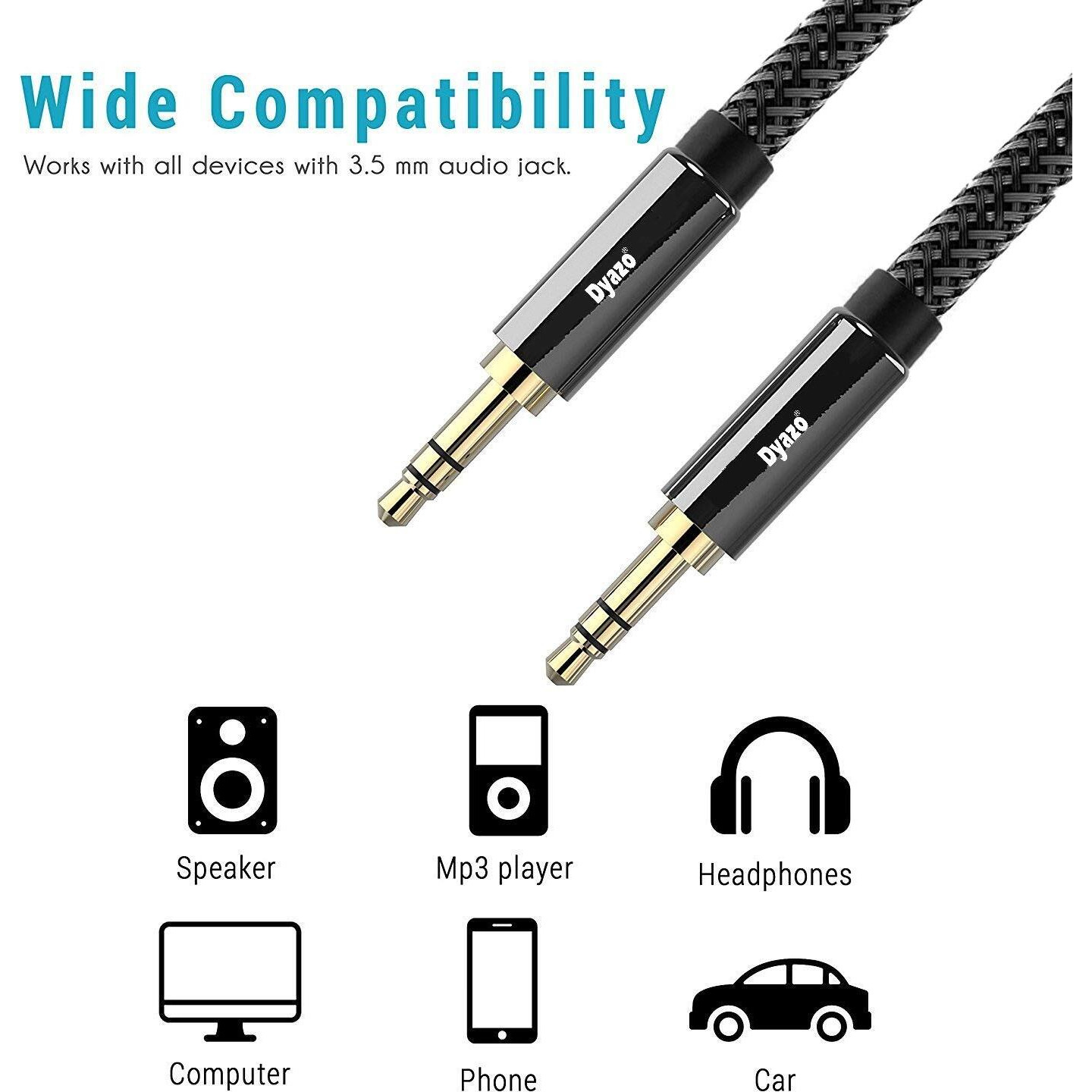 Dyazo 5 ft (1.5 meter) 3.5 mm Nylon Braided Gold Plated Male to Male Car Aux Cable Stereo Aux Audio Cable/Auxiliary stereo Cable for Smart phones Compatible Car/Home Stereos, Speaker (Black)