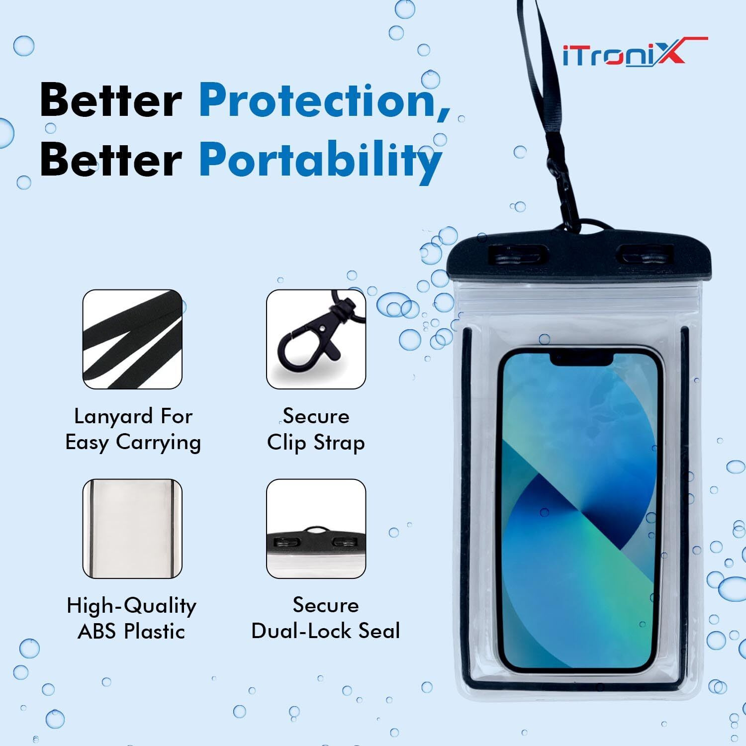 iTronix Waterproof Mobile Pouch Cover for All Mobiles, Cellphone Dry Bag Compatible for iPhone, Samsung, Mi, Redmi, Oppo, VIVO, All Other Smartphones up to 6.5 inches (Black)