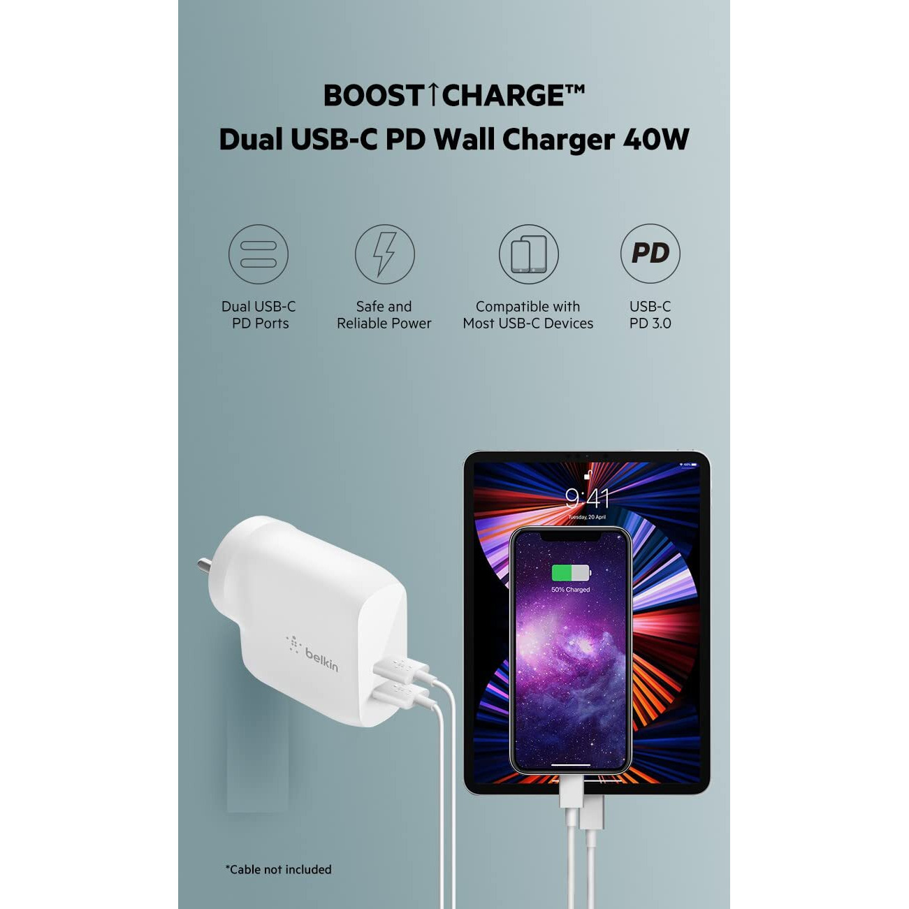 Belkin 40W (20W + 20W) Dual Port USB-C PD Wall Charger | Fast Charging for iPhone 16, 16 Plus, 16 Pro, 16 Pro Max, 15, 15 Pro, 15 Pro Max, iPhone 14 Series, Galaxy S24 Ultra, iPad, AirPods & More