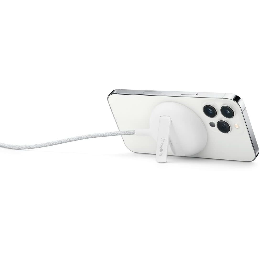 Belkin MagSafe Wireless Charger Fast Charging Up to 15W with Official Made for MagSafe Module and Pad Style, Kick Stand for iPhone 16, 15, 14, 13 and 12 Series and Other MagSafe iPhones - White