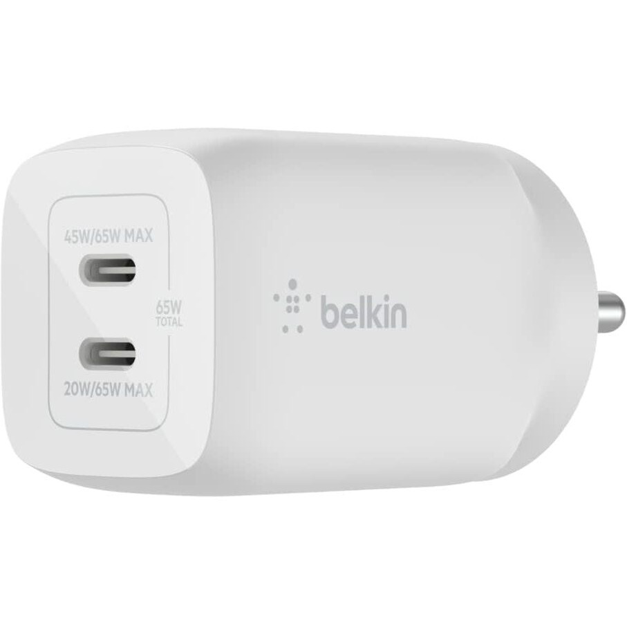 Belkin 65W Dual USB-C Wall Charger, Fast Charging Power Delivery 3.0 w/GaN Technology for iPhone 16, 16 Pro, 16 Pro Max, 15, 14, Pro, Pro Max, Mini, iPad Pro 12.9, MacBook, Galaxy S24, & More - White