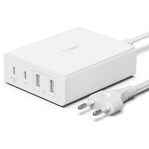 Belkin 108W GaN USB Charging Station for Multiple Devices, 2 Type C + 2 Type A Ports Fast Desktop Charger Dock Hub for iPhone, Apple Watch, iPad Pro, Air, Mini, MacBook Pro 16 14 and Air - White