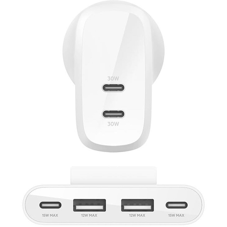 Belkin 60W (30w + 30W) Dual USB-C PPS Fast Charging Wall Charger | 2 Meter Power Extender with 4-Port (2 USB-C & 2 USB-A) | Compatible with iPhone 16, 15, 14, 13, 12, iPad, Galaxy S24, Google Pixel