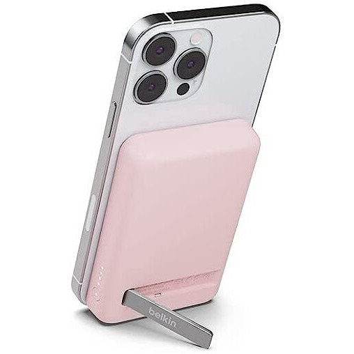 Belkin Wireless Power Bank 5K w/MagSafe Compatible 7.5W Charging, Built-in Pop-up Kickstand - Compatible w/iPhone 16, 16 Plus, 16 Pro, 16 Pro Max, iPhone 15, AirPods, and More - Pink
