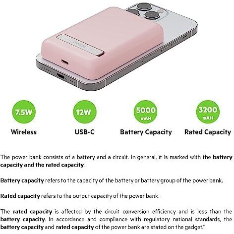 Belkin Wireless Power Bank 5K w/MagSafe Compatible 7.5W Charging, Built-in Pop-up Kickstand - Compatible w/iPhone 16, 16 Plus, 16 Pro, 16 Pro Max, iPhone 15, AirPods, and More - Pink