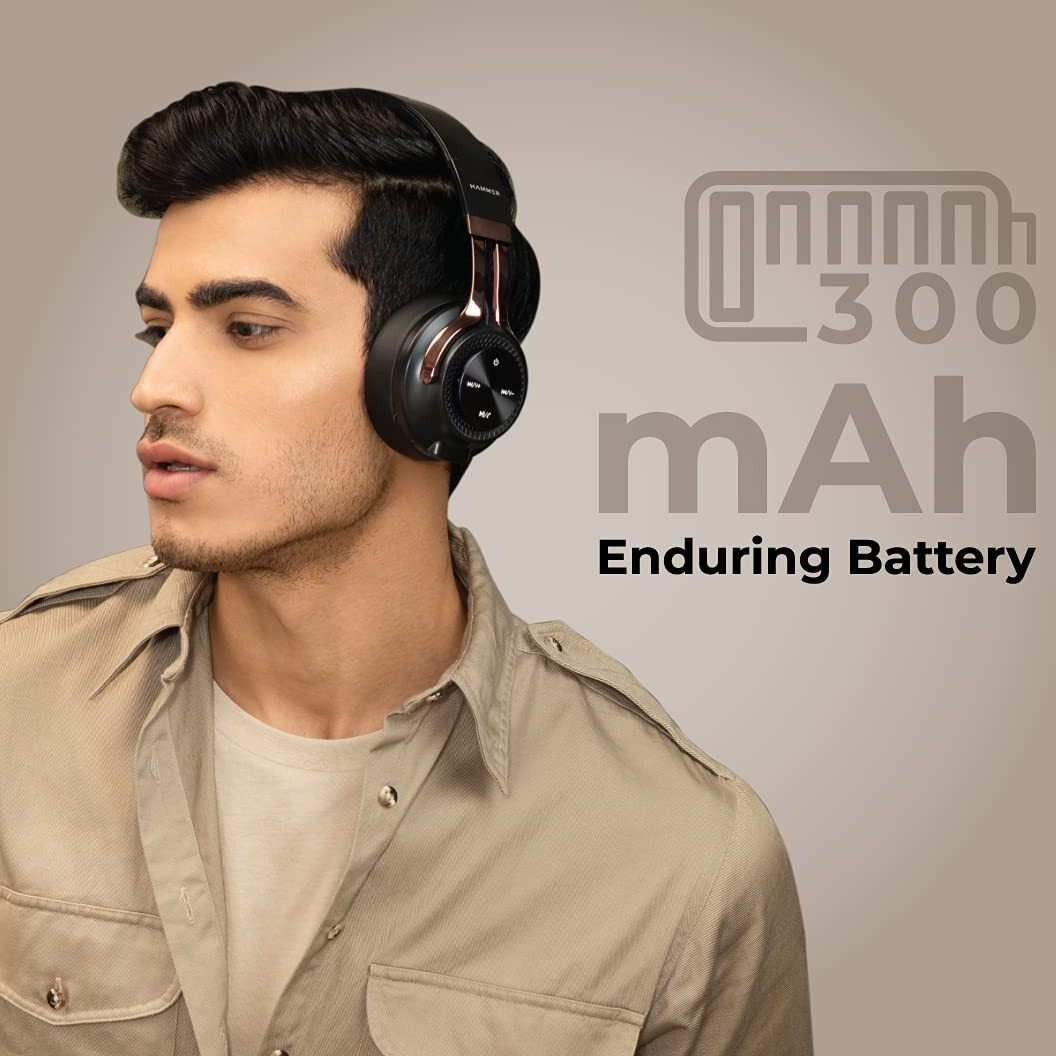 HAMMER Bash Over The Ear Wireless Bluetooth Headphones with Mic, Deep Bass, Foldable Headphones, Fast Pairing, Upto 8 Hours Playtime, Workout/Travel, Bluetooth 5.0 (Black)