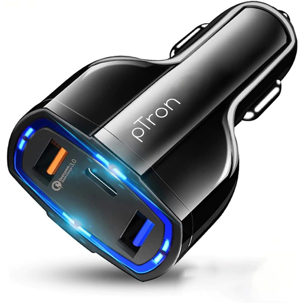 pTron Bullet Pro 36W Type-C/PD 3 Port Fast Car Charger Adapter, Compatible with All Smartphones, Tablets & Other USB Powered Devices (Black)