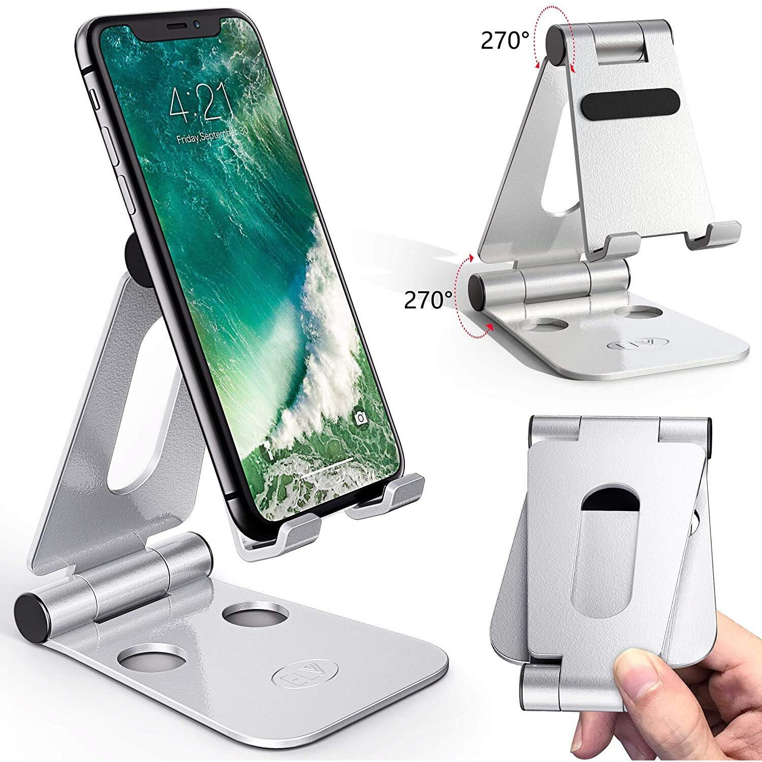 ELV Aluminium Adjustable Mobile Phone Foldable Holder Tabletop Stand, Dock Mount for All Smartphones, Tabs, Kindle, iPad, Moonlight Silver