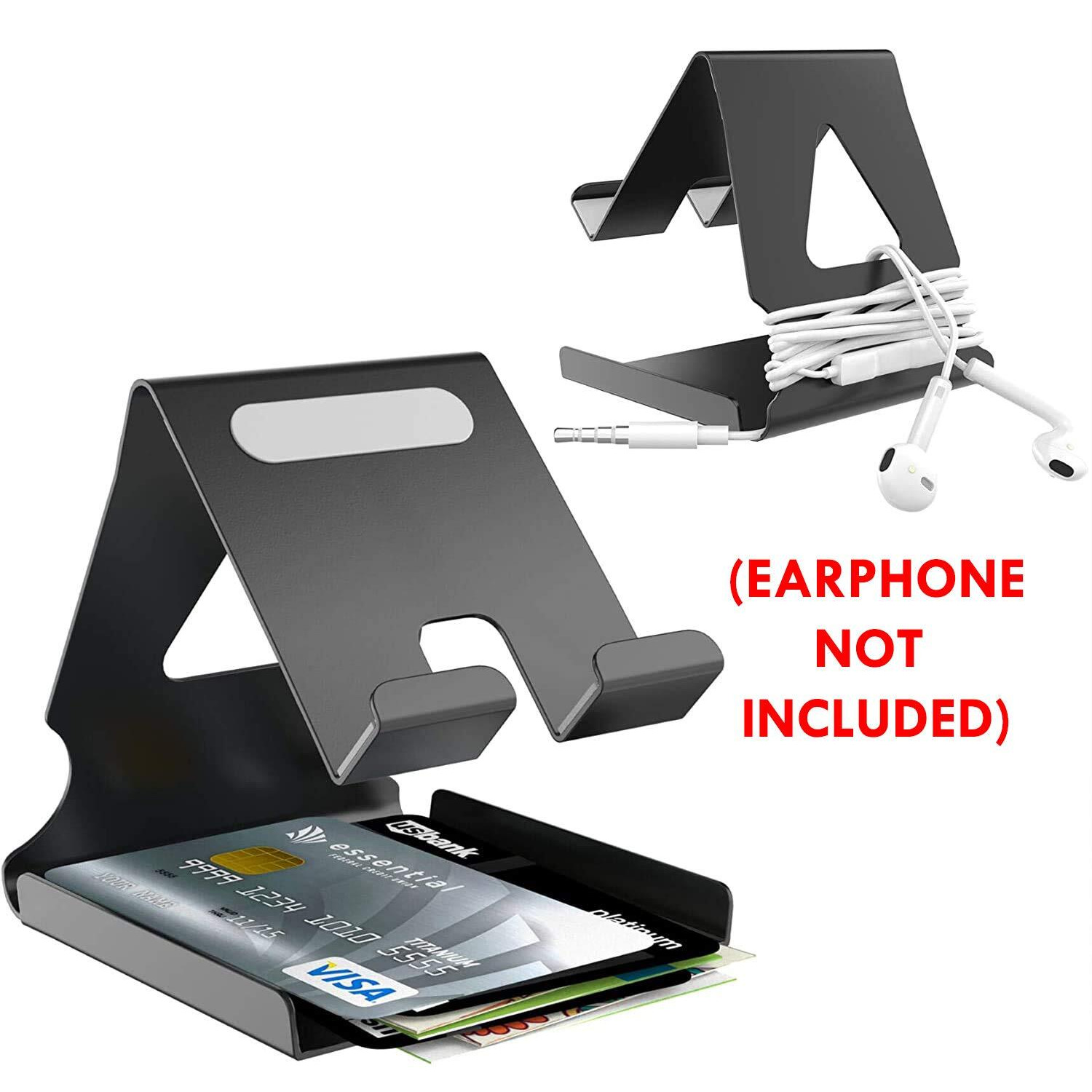 Elv Universal Mobile Phone Tabletop Stand Holder Mount with Inbuilt Cable Organiser and Card Holder - Black