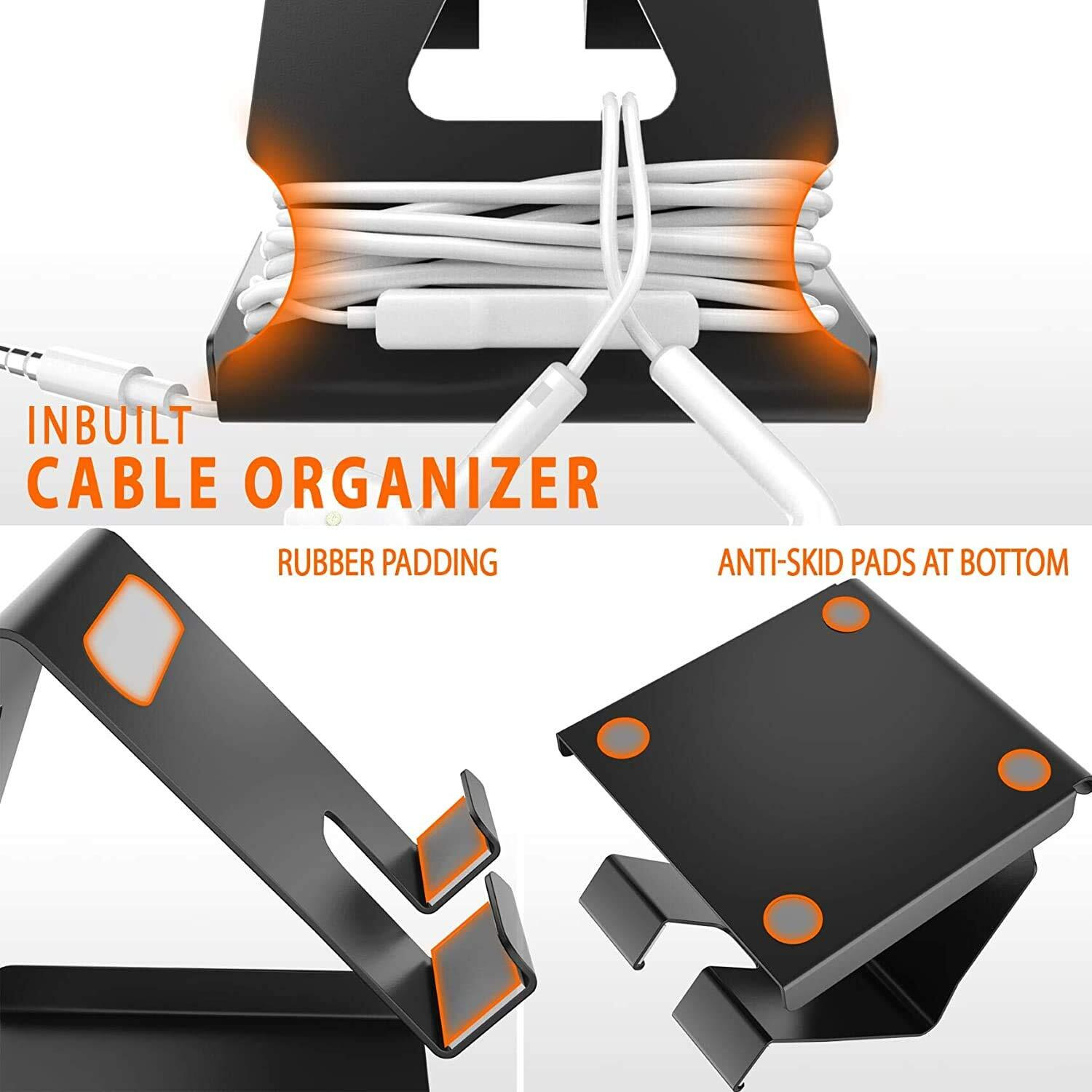 Elv Universal Mobile Phone Tabletop Stand Holder Mount with Inbuilt Cable Organiser and Card Holder - Black