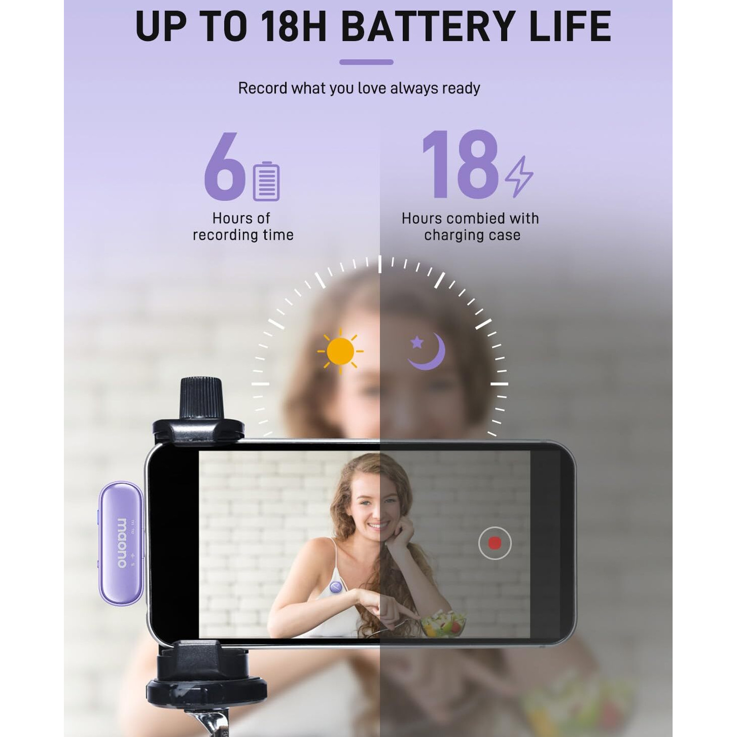 MAONO Wireless Collar Mic for YouTube PC and Type C Mobile, Noise Cancellation Lapel mic with 6H Battery, 100m Transmission, Gain, Mute, Monitoring for YouTube, Vlogging, Podcasting (WM620-Purple)