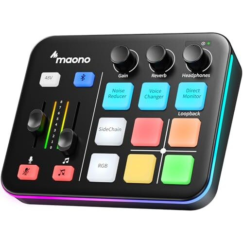 MAONO Gaming Audio Mixer, Streaming RGB PC Mixer with XLR Microphone Interface, Bluetooth, Volume Fader, Mute Button, 48V Phantom Power, for Podcast/Recording/Vocal/Game Voice-G1 NEO