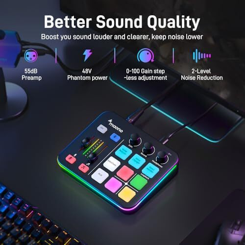 MAONO Gaming Audio Mixer, Streaming RGB PC Mixer with XLR Microphone Interface, Bluetooth, Volume Fader, Mute Button, 48V Phantom Power, for Podcast/Recording/Vocal/Game Voice-G1 NEO