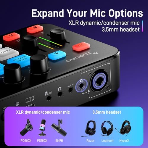 MAONO Gaming Audio Mixer, Streaming RGB PC Mixer with XLR Microphone Interface, Bluetooth, Volume Fader, Mute Button, 48V Phantom Power, for Podcast/Recording/Vocal/Game Voice-G1 NEO