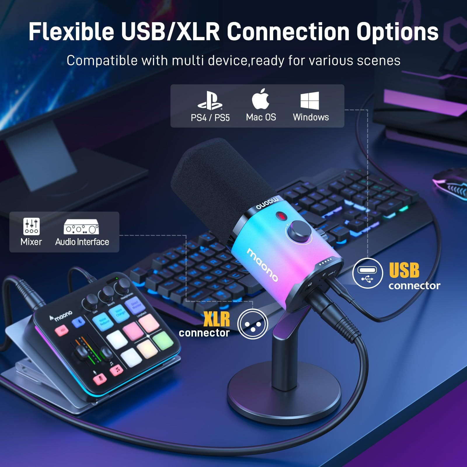 MAONO USB/XLR Dynamic Gaming Mic for Podcast with Software, PC Computer Microphone with RGB Light, Mute Button, Gain & Volume Control, Monitor, Desktop Stand for Streaming, Recording,YouTube-PD100X