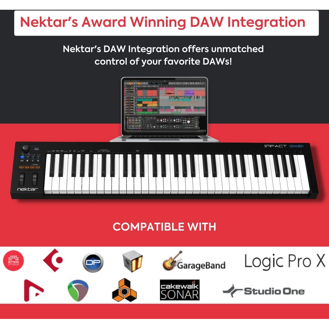 Nektar IMPACT GX61 61-Key Full-Size Velocity-Sensitive USB Midi Keyboard Controller with Nektar DAW Integration and Free Professional Recording Software