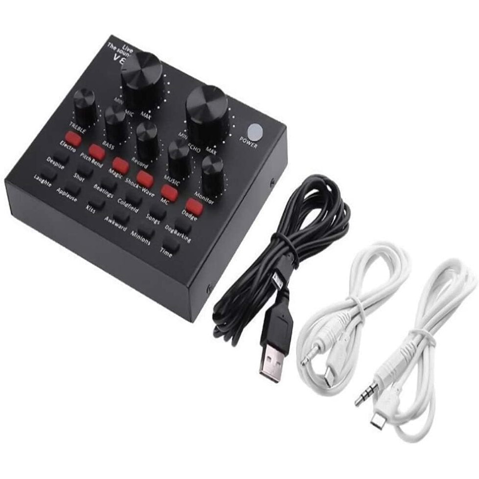 CEZO V8 Portable Audio Mixer Interface, Bluetooth Sound Card for Live Streaming/Recording/Podcast/Voice Change/Karaoke/Gaming/Singing with Sound Effects, 3.5mm Mic Jack for Guitar (V8 Black)