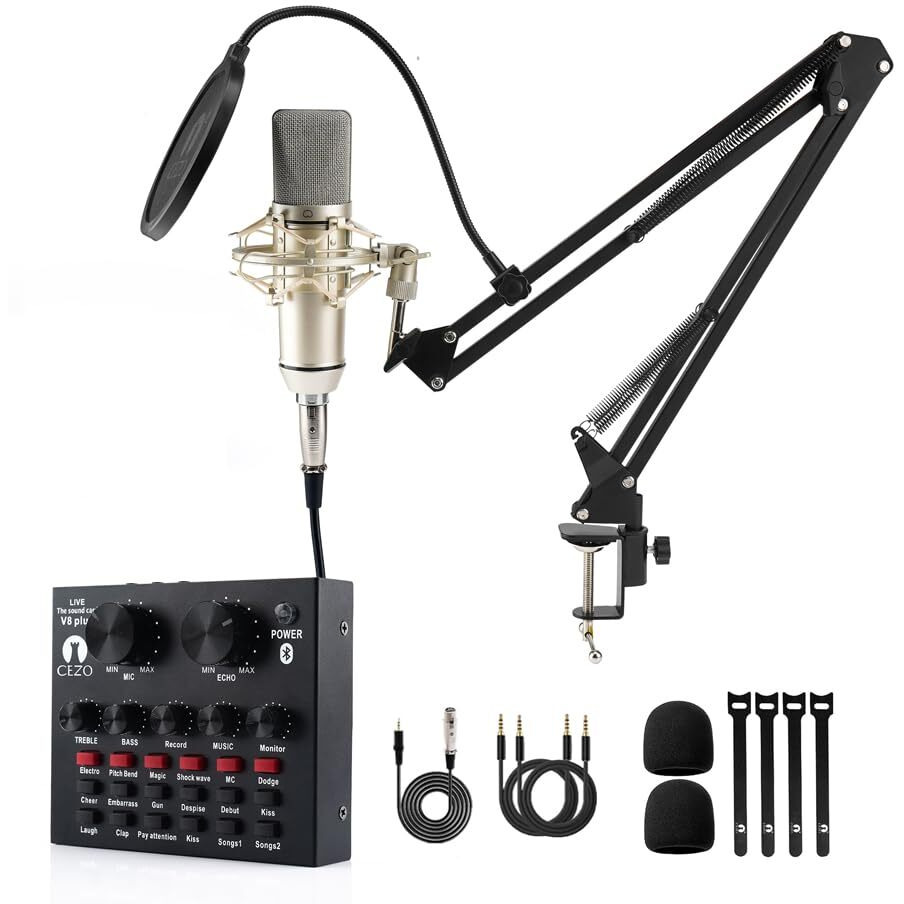 CEZO U87 Condenser Microphone Kit with V8 Sound Card Adjustable Scissor Arm Stand Shock Mount Computer Mic for Gaming, Streaming, YouTube, Voice Over, Studio, Home Recording ()