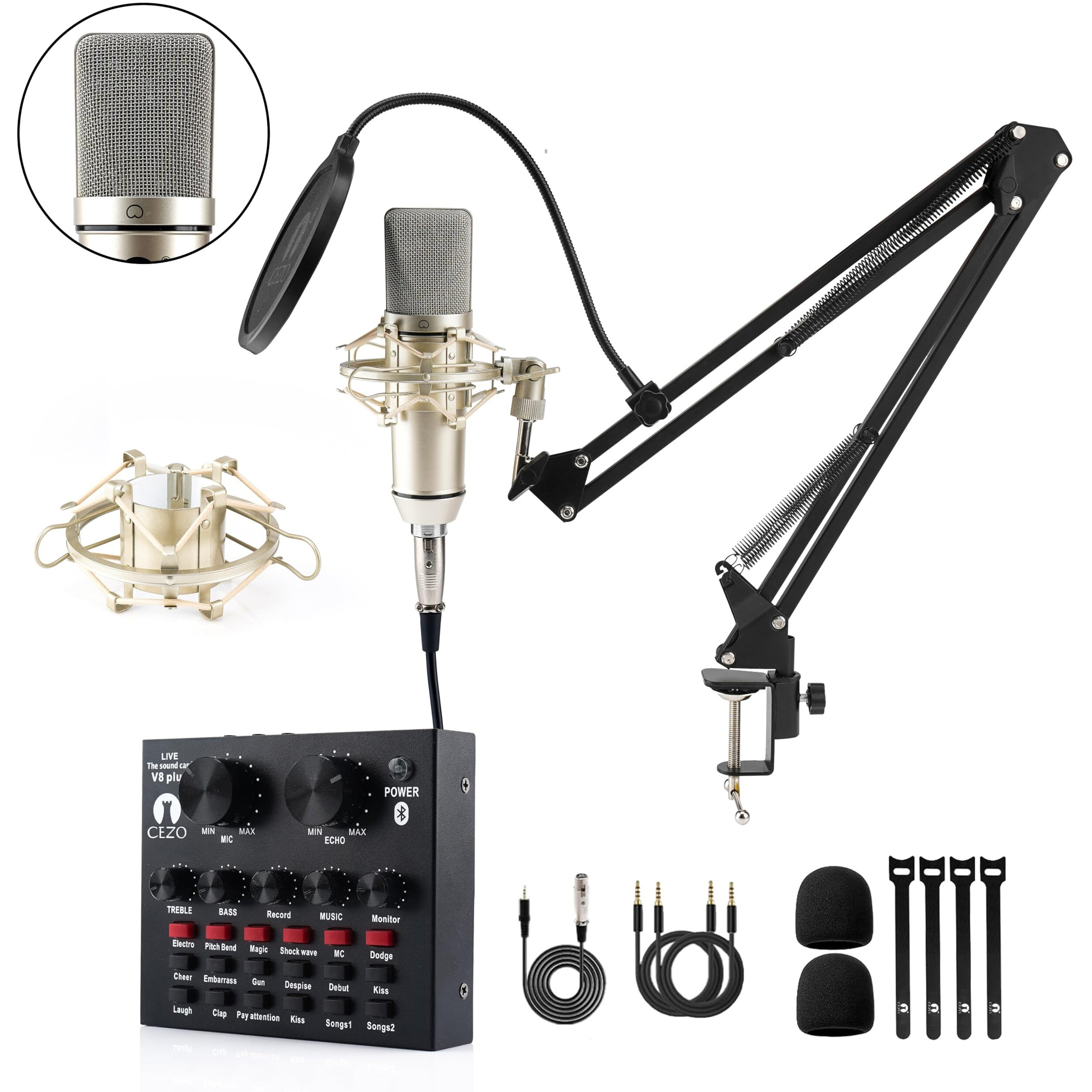 CEZO U87 Condenser Microphone Kit with V8 Sound Card Adjustable Scissor Arm Stand Shock Mount Computer Mic for Gaming, Streaming, YouTube, Voice Over, Studio, Home Recording ()
