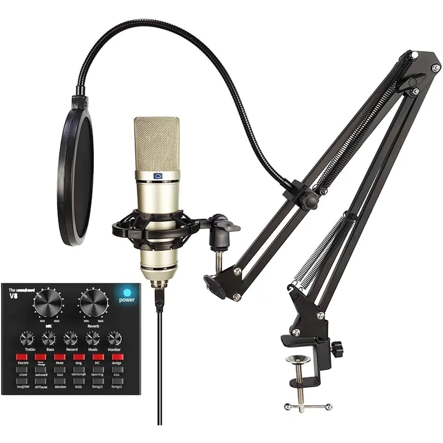CEZO U87 Condenser Microphone Kit with V8 Sound Card Adjustable Scissor Arm Stand Shock Mount Computer Mic for Gaming, Streaming, YouTube, Voice Over, Studio, Home Recording ()