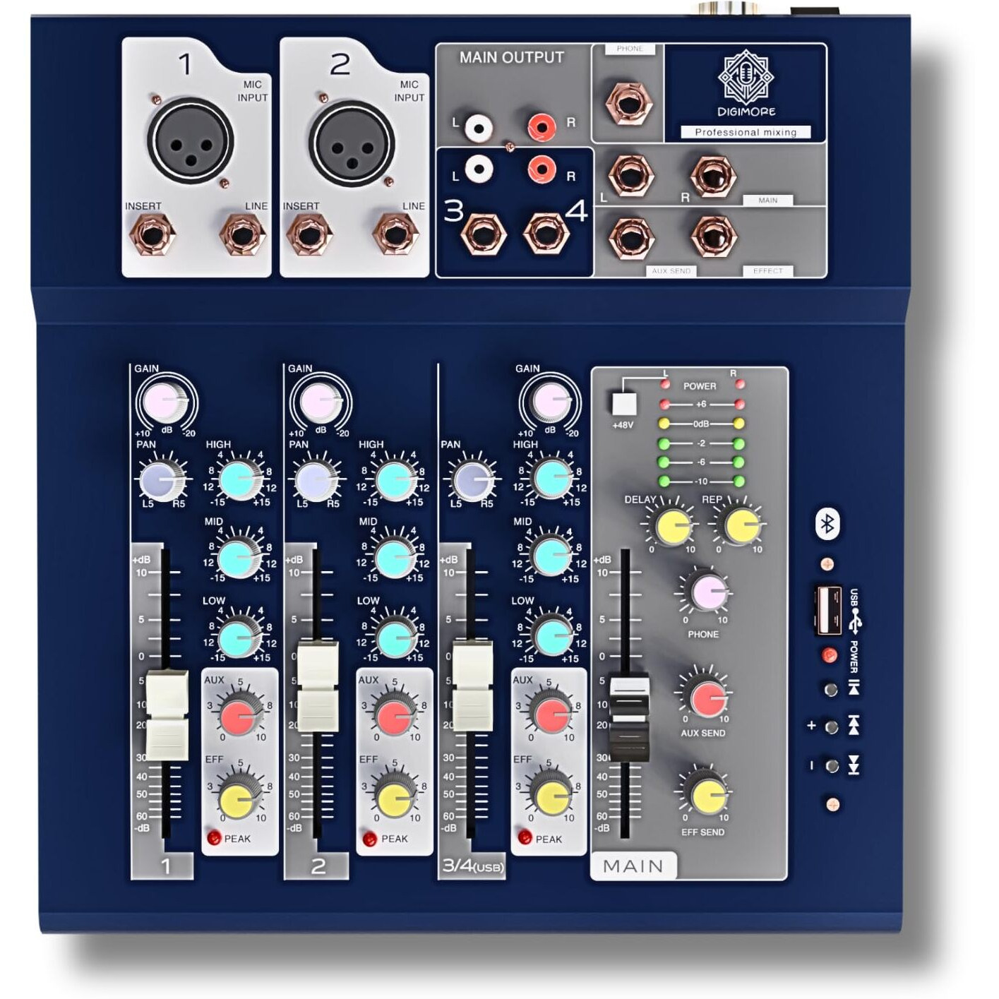 DIGIMORE Audio Mixer 4 Channel | Mixing Console with USB Audio mp3 and 48V Phantom Power, Stereo Equalizer, Ideal for Stage, Live Gigs, and Karaoke (D-250)