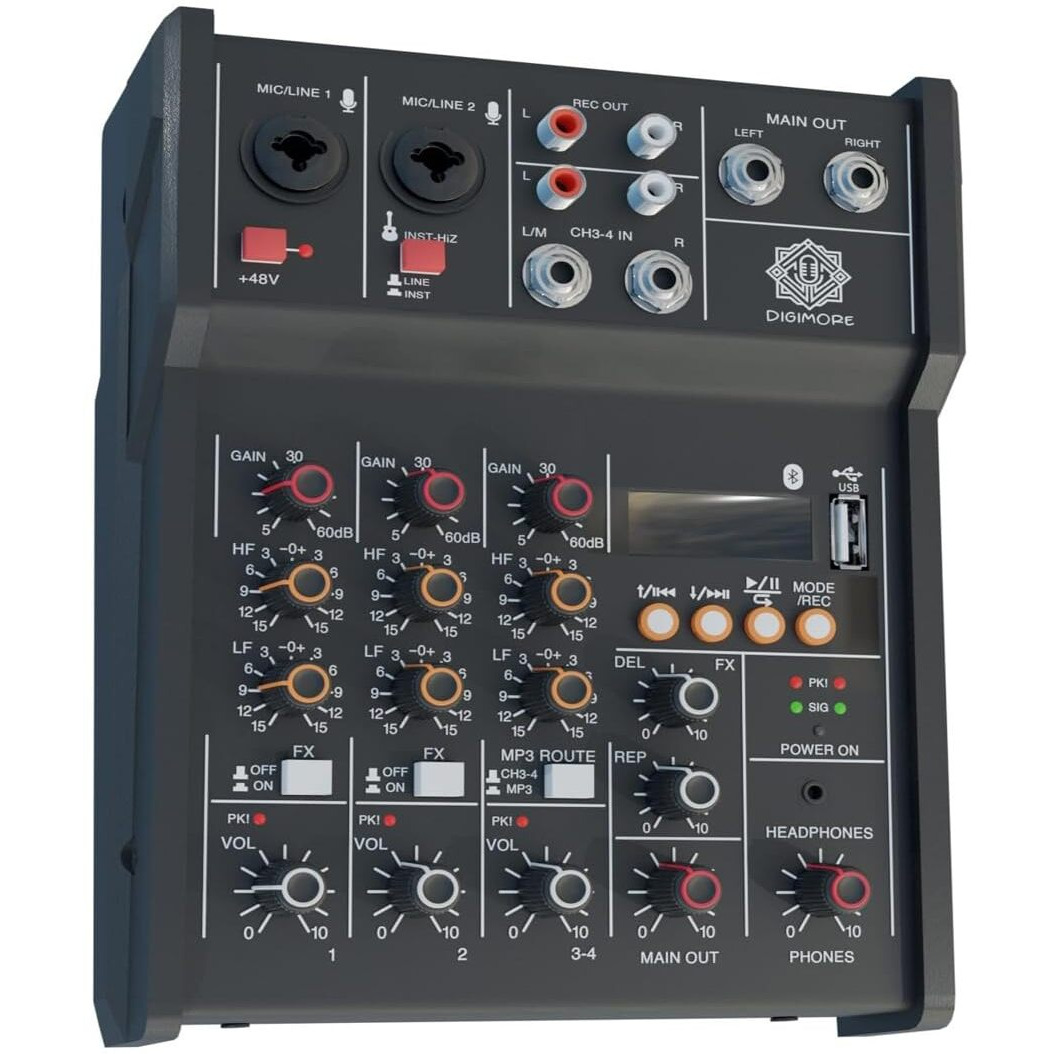 DIGIMORE Audio Mixer 4 Channel for Stage Live Studio Stereo Recording DJ Sound Board Console System Interface with 48V Phantom Power | HI-Z Function (D-200)