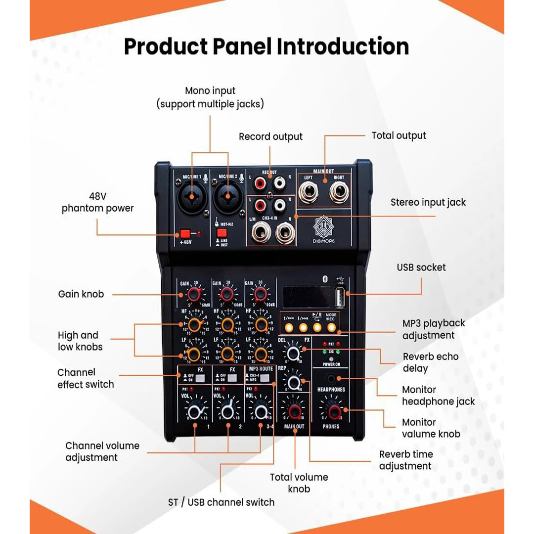 DIGIMORE Audio Mixer 4 Channel for Stage Live Studio Stereo Recording DJ Sound Board Console System Interface with 48V Phantom Power | HI-Z Function (D-200)
