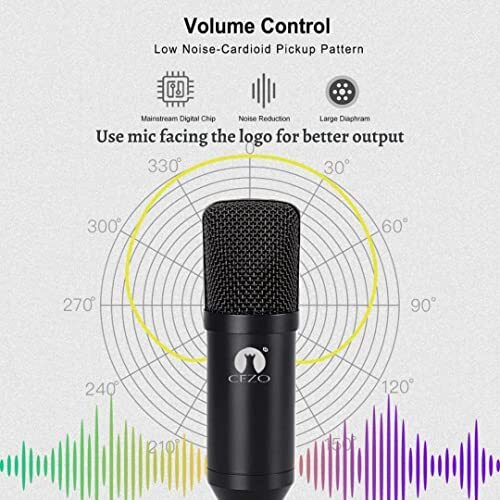 Cezo BM 800 Condenser Microphone Kit Set with V8 Sound Card, Boom Arm Stand, Pop Shield Recording Studio Equipment Full Set with 3.5mm Mic for Smartphones Live Streaming Youtubers - Black