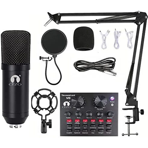 Cezo BM 800 Condenser Microphone Kit Set with V8 Sound Card, Boom Arm Stand, Pop Shield Recording Studio Equipment Full Set with 3.5mm Mic for Smartphones Live Streaming Youtubers - Black