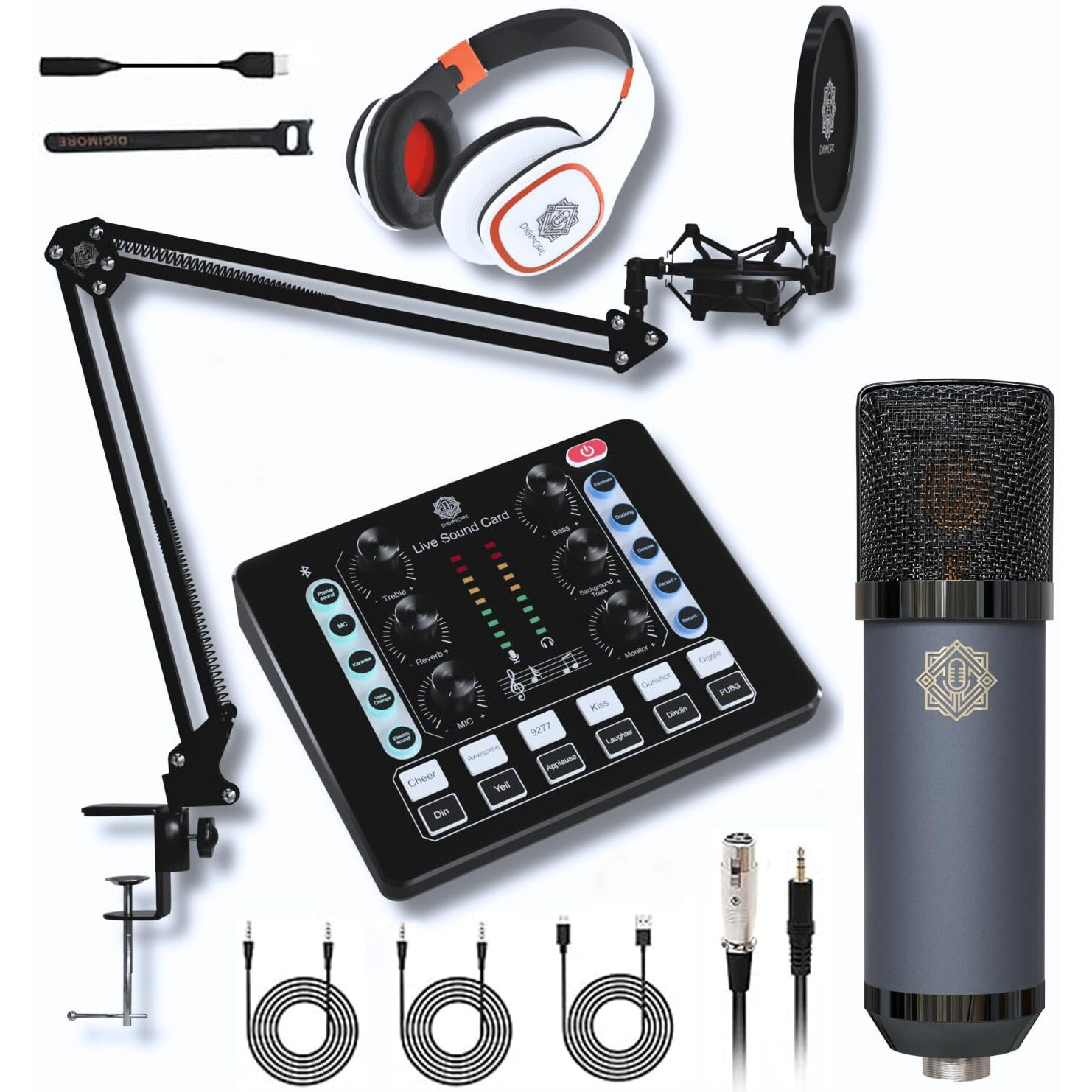 DIGIMORE Condenser Microphone Kit with Studio Headphones, Live Sound Card, Boom Arm Stand, Shock Mount and Pop Filter Ideal for Recording, Starmaker Singing, Live Streaming and Podcast Setup (D-440)
