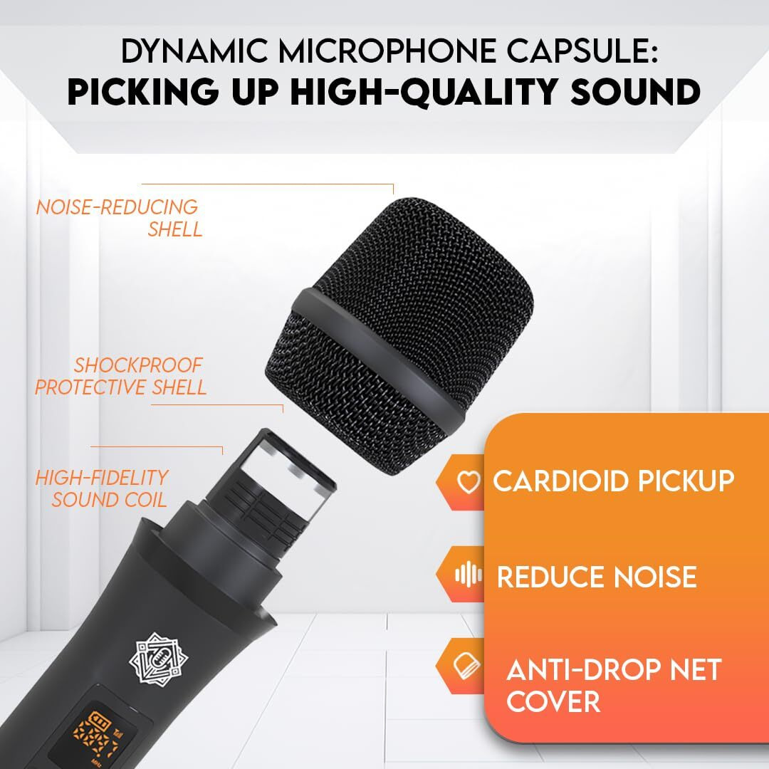 DIGIMORE Dual Wireless Microphone System, Dual Cordless Microphone Set, UHF Handheld Wireless Microphones | IR Blaster | 200 Channels | 350ft Long Range | for Vocals, Stage & Studio (D-335)