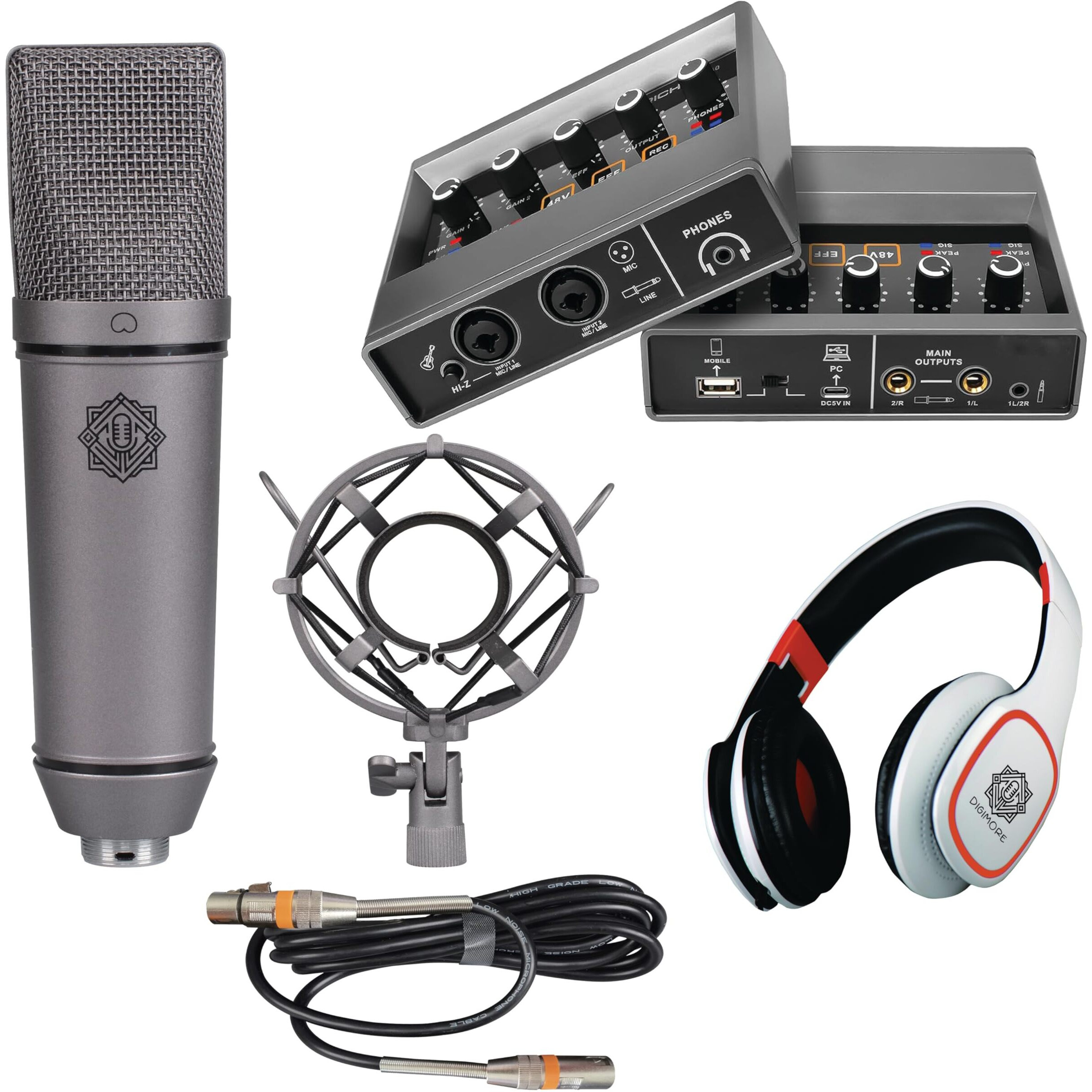 DIGIMORE Professional Condenser Microphone Kit with Audio Interface for Podcasting Live Streaming Singing PC Mobile YouTube (D-410/400)