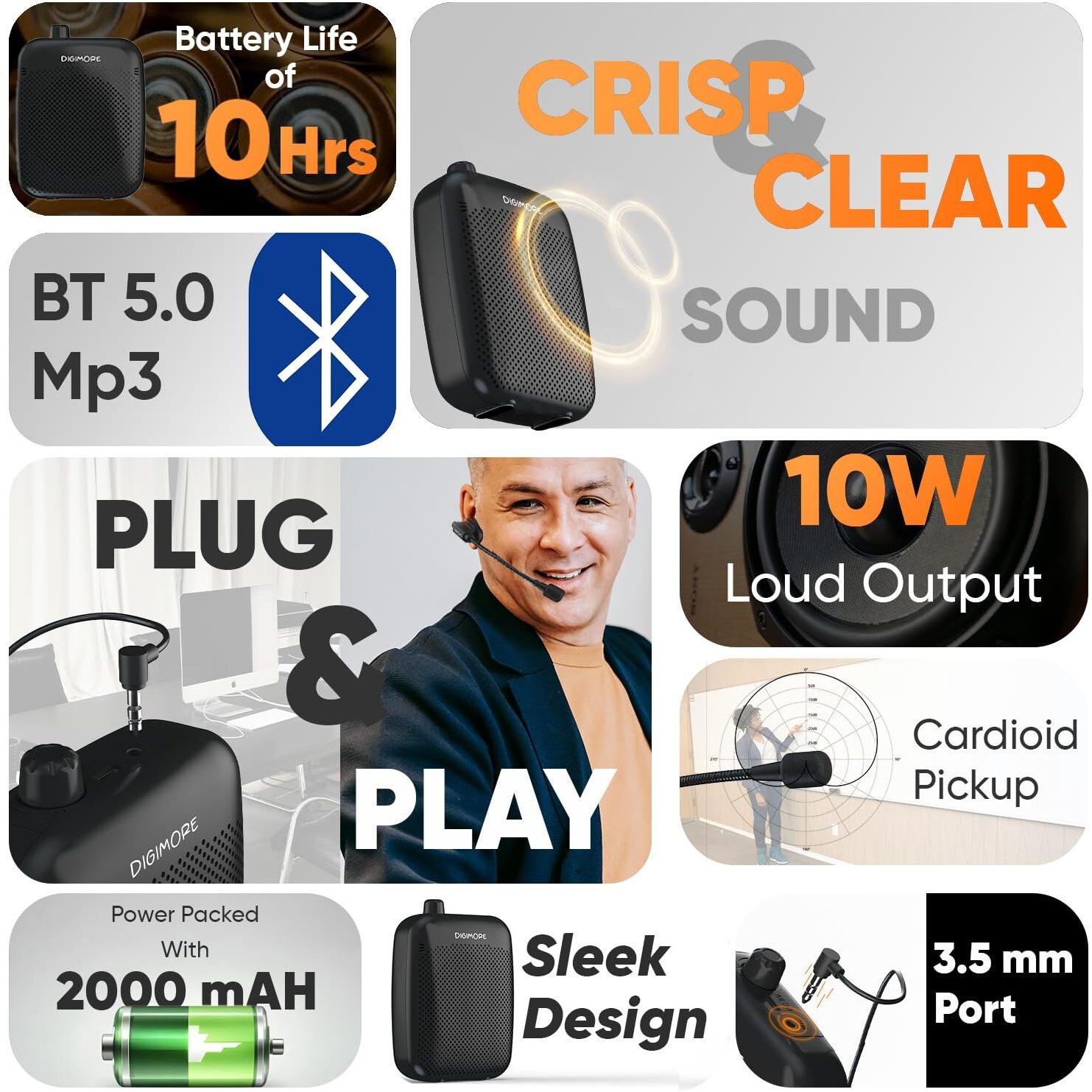 DIGIMORE Voice Amplifier for Teachers with Bluetooth | 8 Hrs Battery | Wired Headset Mic with 10W Speaker for Tour Guides,Yoga,Classroom Teaching Aid for Schools & Colleges (D-1200)