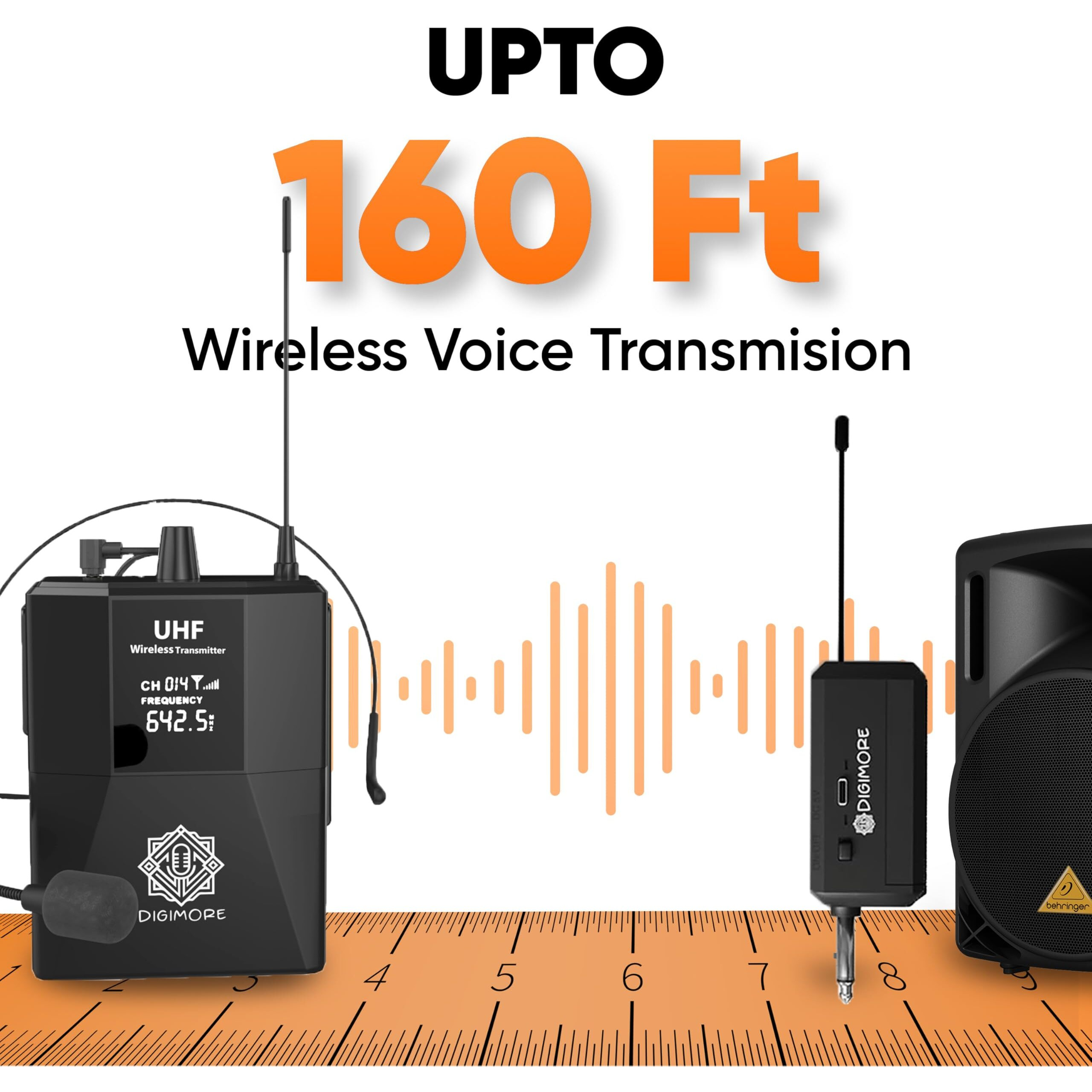 DIGIMORE UHF Wireless Microphone - Portable Cordless Microphone Set with Headset Mic, Bodypack Transmitter, Receiver  Karaoke, Conference, Stage Performances, Wedding, DJ, Party, Speech (D-341)