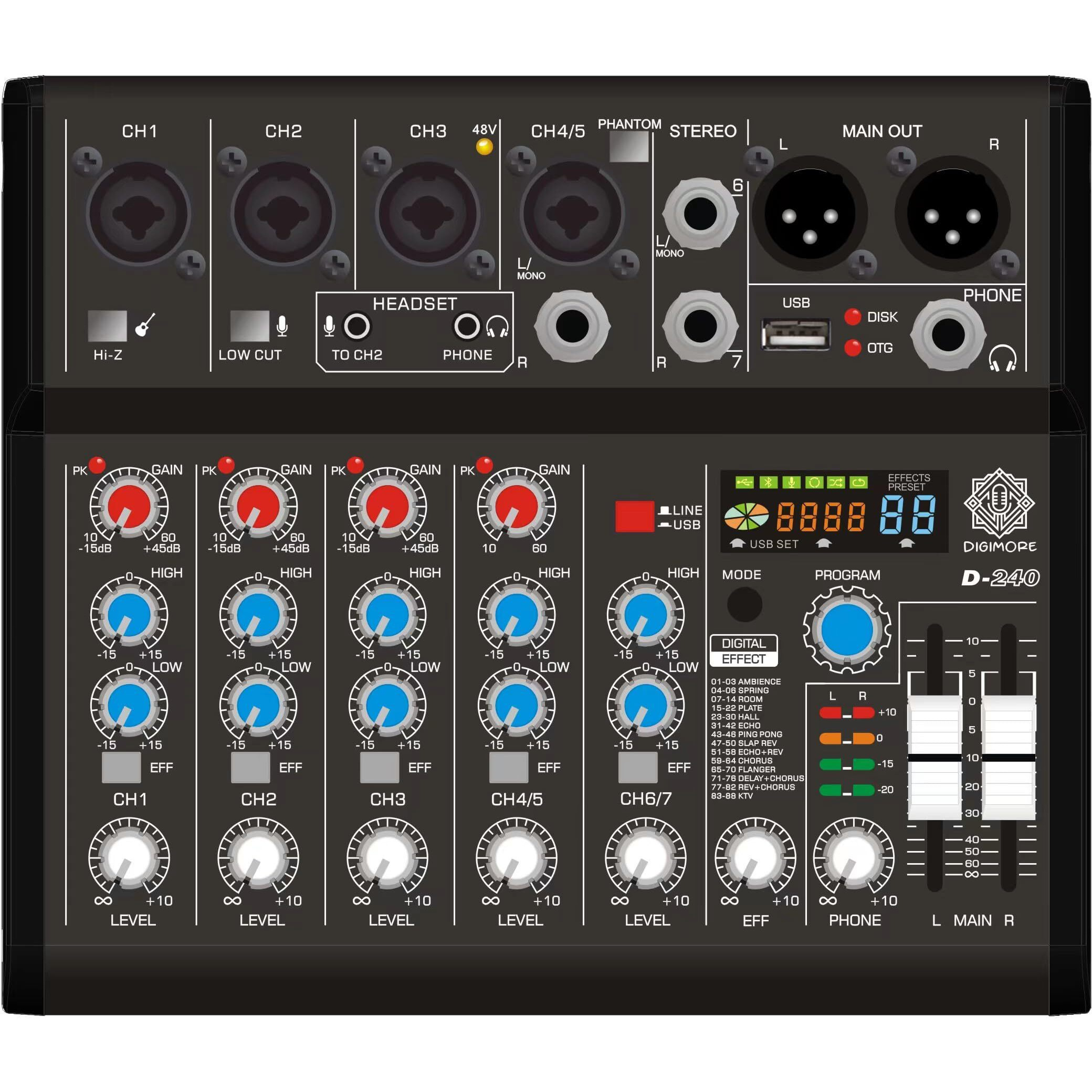 DIGIMORE 7 Channel Audio Mixer | DJ mixer Board | Bluetooth MP3 Mixer for Music With Sound Card Recording And 88 Kinds of DSP Digital Effects, USB Audio Interface for Karaoke (D-240)